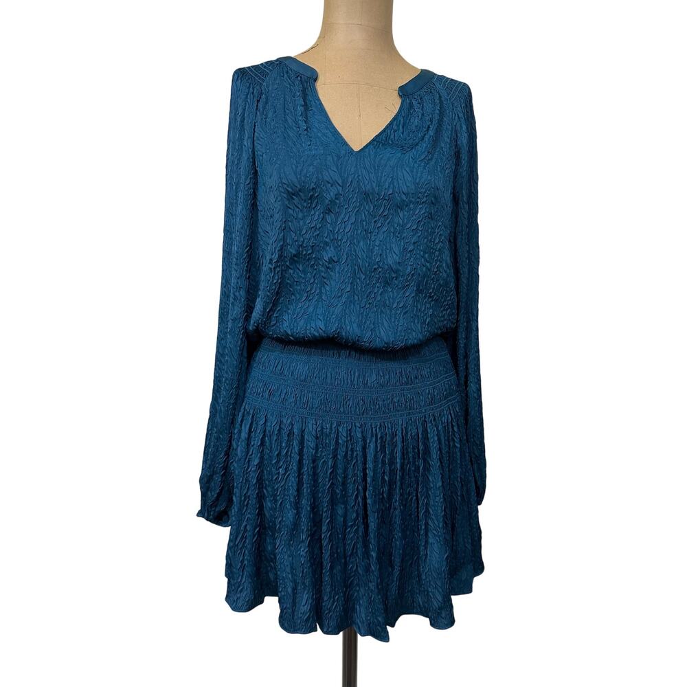 Current Air Mini Dress Blue Textured Satin Elastic Waist Long Sleeve New